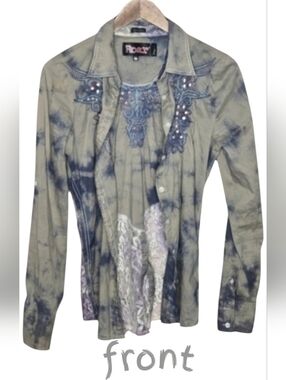 ROAR Tie-dye Sheer Lace Back Embroilered Western Shirt